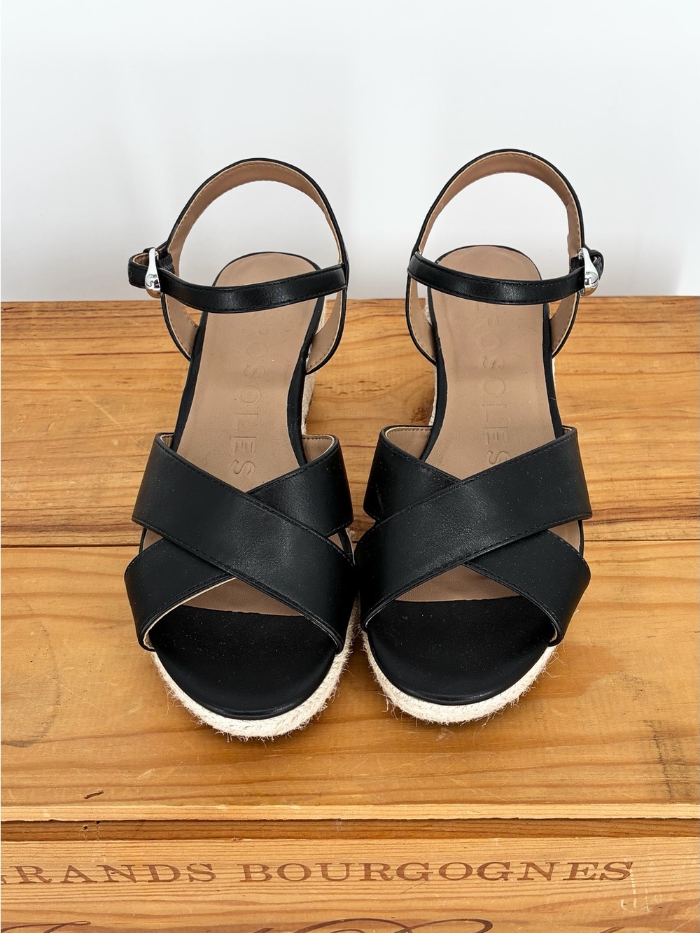 Aerosoles Casarina Black Faux Soft Leather Crisscross Espadrille Wedge Sandals 7